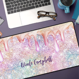 Iridescent unicorn pink faux glitter drip desk mat