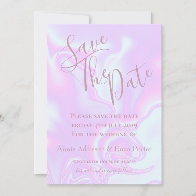 Iridescent unicorn skin faux holographic texture save the date (Front)