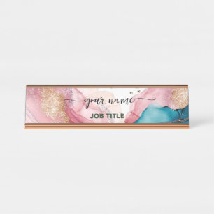 Iridescent Watercolor Blush pink Rose Gold Desk Name Plate