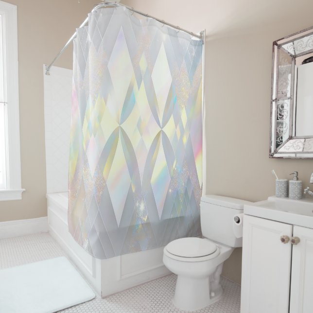 Iridescent White Diamond Pattern Shower Curtain (In Situ)