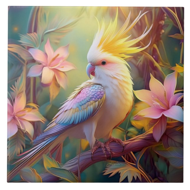 Iridescent Wing Cockatiel Fantasy Bird Ceramic Tile (Front)
