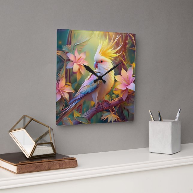 Iridescent Wing Cockatiel Fantasy Bird Square Wall Clock (Office)