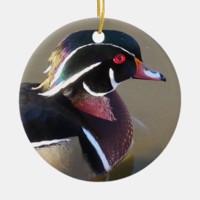 Iridescent Wood Duck Ceramic Ornament (Front)