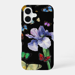 IRIS AMONG COLORFUL BUTTERFLIES Black Floral iPhone 16 Case