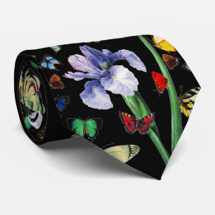IRIS AMONG COLORFUL BUTTERFLIES Black Floral Tie