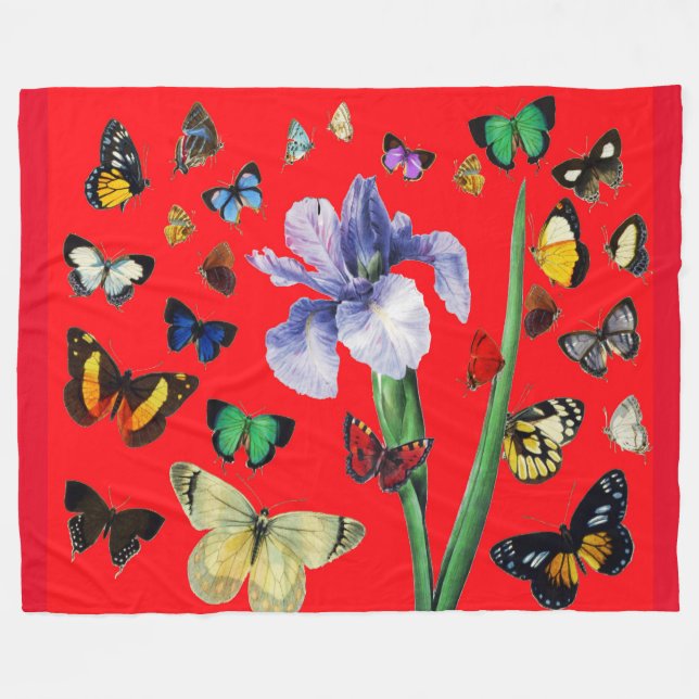 IRIS AMONG COLORFUL BUTTERFLIES Red Floral Fleece Blanket (Front (Horizontal))