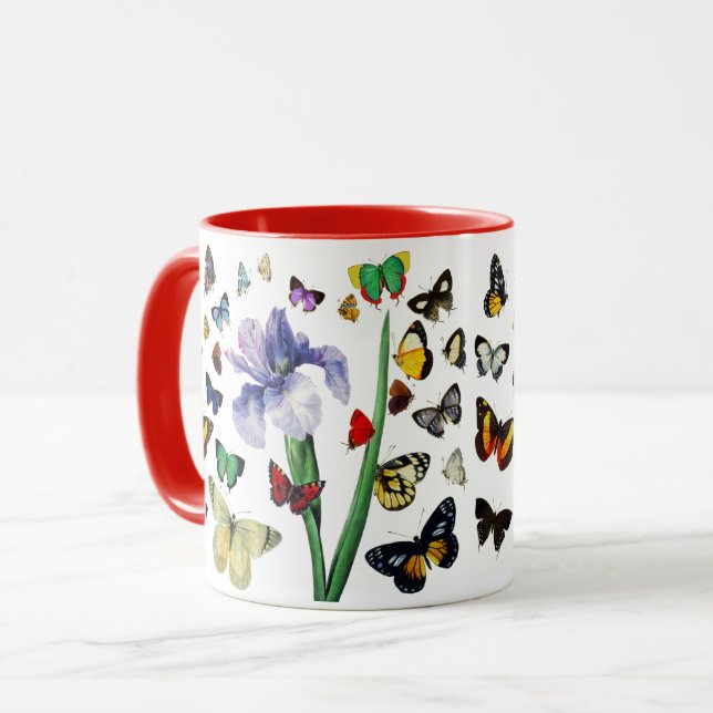 IRIS AMONG COLORFUL BUTTERFLIES White Floral Mug (Front Left)