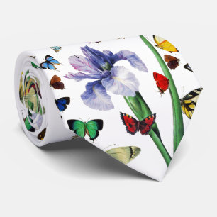 IRIS AMONG COLORFUL BUTTERFLIES White Floral Tie