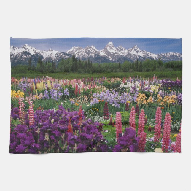 Iris and Lupine garden and Teton Range, Tea Towel (Horizontal)
