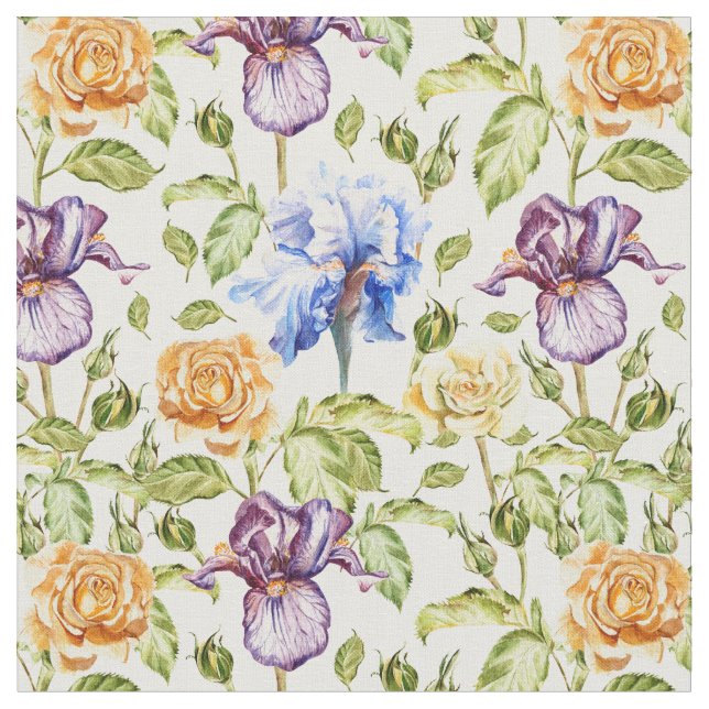 Iris and roses watercolor floral pattern fabric (Close Up)