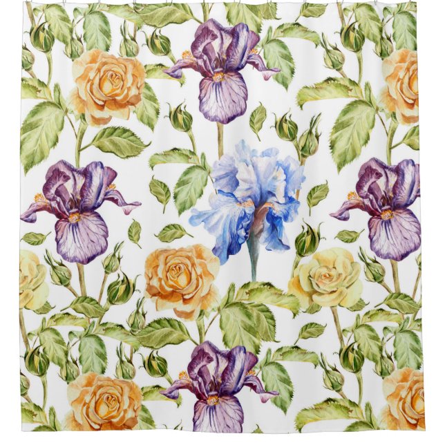 Iris and roses watercolor floral pattern shower curtain (Front)