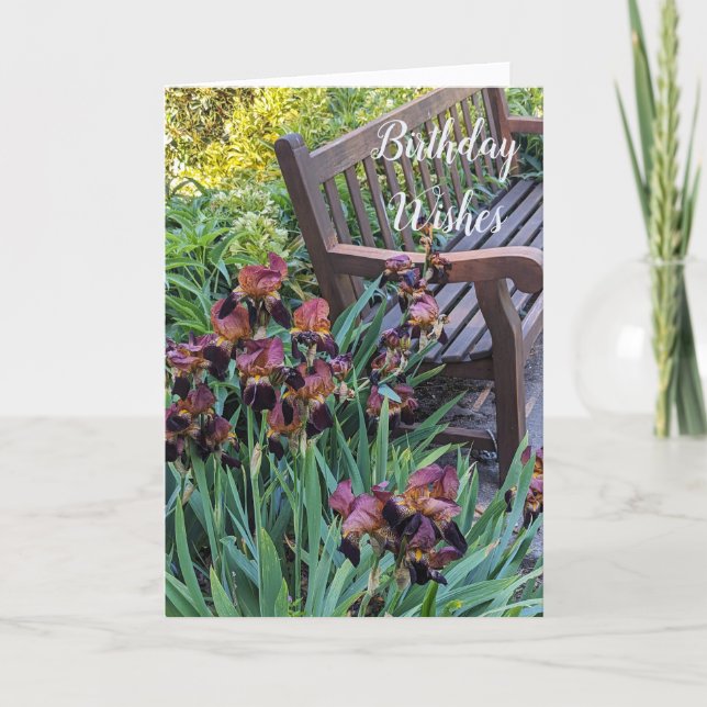 Iris Blooms and Park Bench Floral Birthday Card (Front)