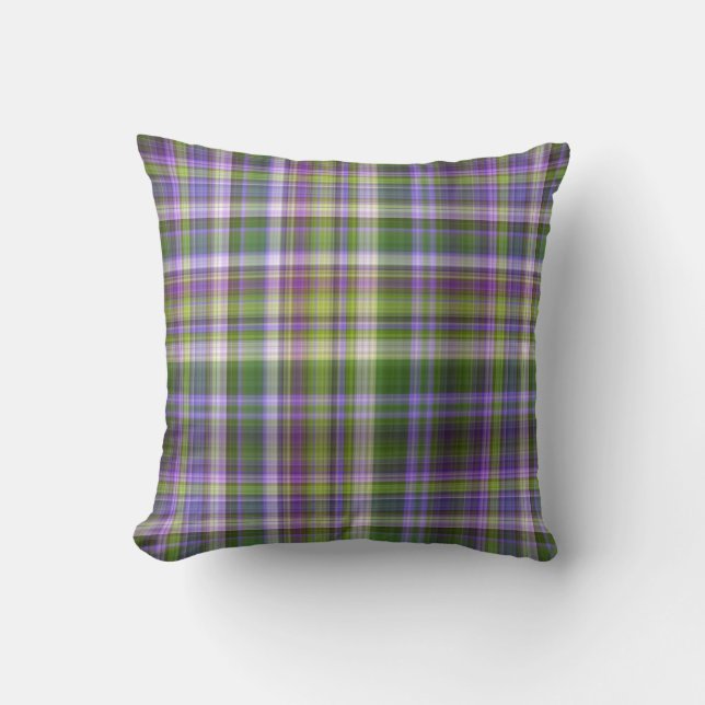 Iris Blossoms Purple and Green Plaid Cushion (Front)