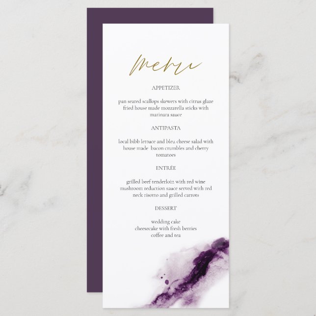 IRIS | Boho Plum Purple Gold Splash Menu Card (Front/Back)