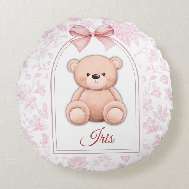 Iris | Custom Pink Teddy Bear Nursery Design  Round Cushion (Front)