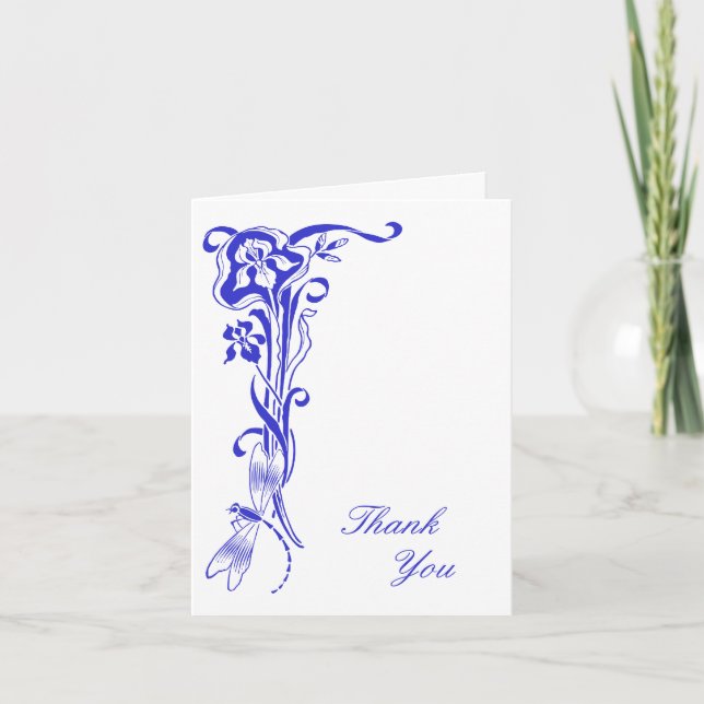 Iris & Dragonfly Thank You Royal Blue Note Card (Front)