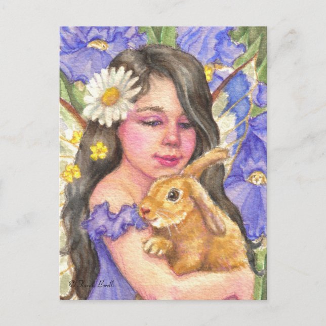 Iris Fairy cuddling cute bunny rabbit Postcard (Front)