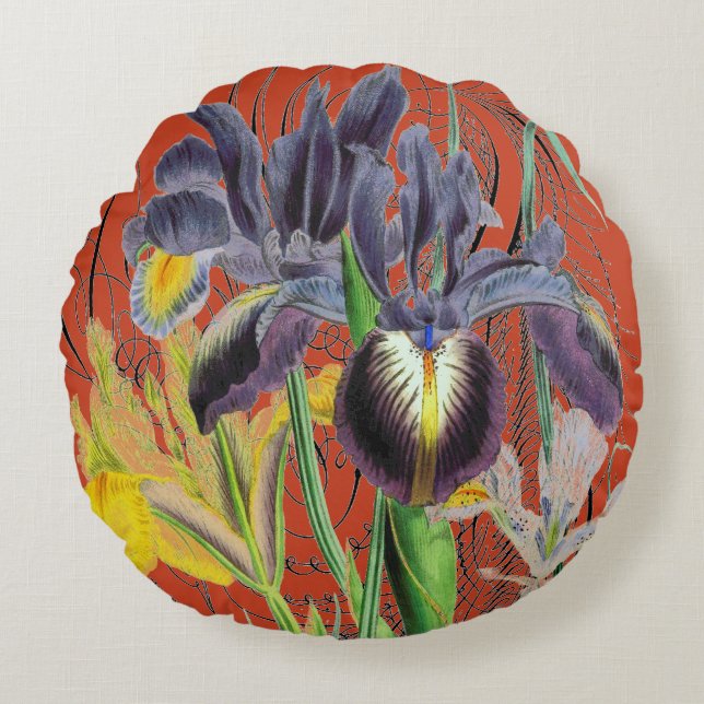 Iris Floral Fantasy Red 2.0 Round Cushion (Front)