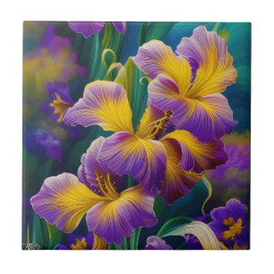 Iris Floral Purple and gold blue green leaves Ceramic Tile