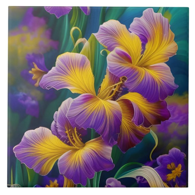 Iris Floral Purple and gold blue green leaves Ceramic Tile (Front)