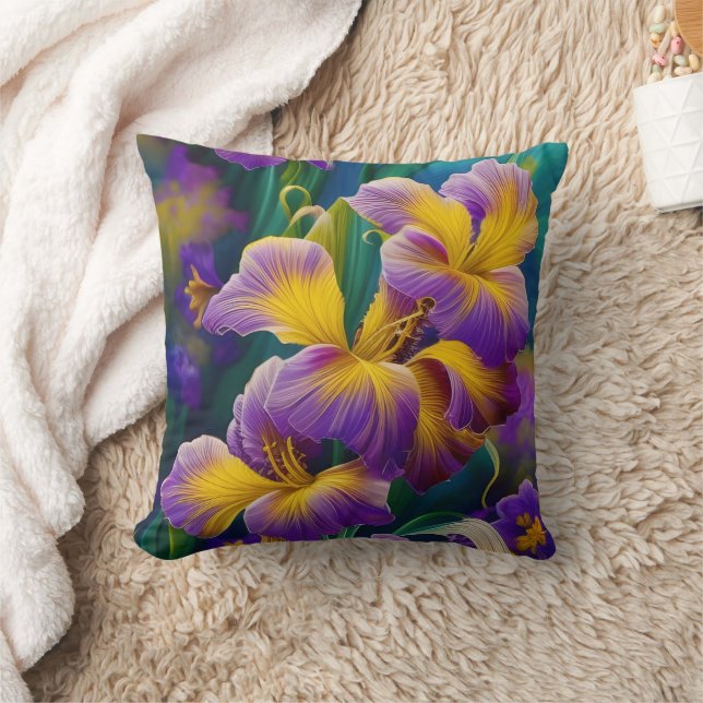 Iris Floral Purple and gold blue green leaves Cushion (Blanket)