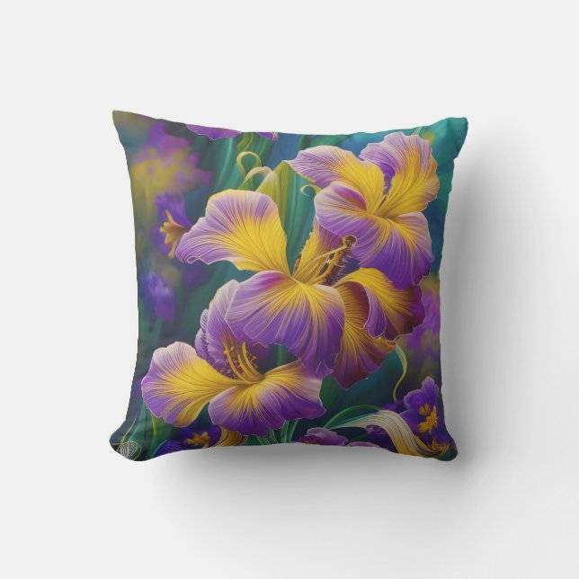 Iris Floral Purple and gold blue green leaves Cushion (Front)