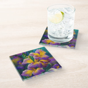 Iris Floral Purple and gold blue green leaves Glass Coaster