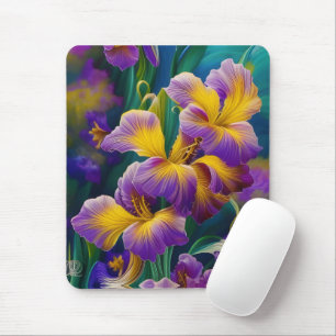Iris Floral Purple and gold blue green leaves Mouse Pad