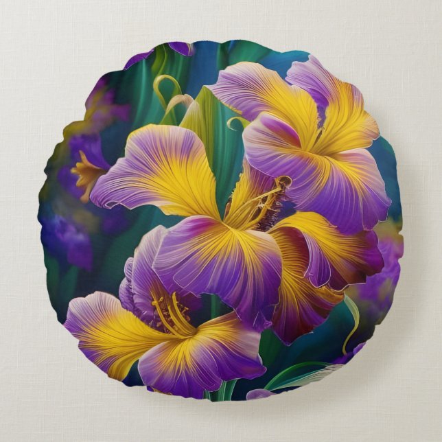 Iris Floral Purple and gold blue green leaves Round Cushion (Front)