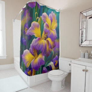 Iris Floral Purple and gold blue green leaves Shower Curtain