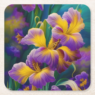 Iris Floral Purple and gold blue green leaves Square Paper Coaster