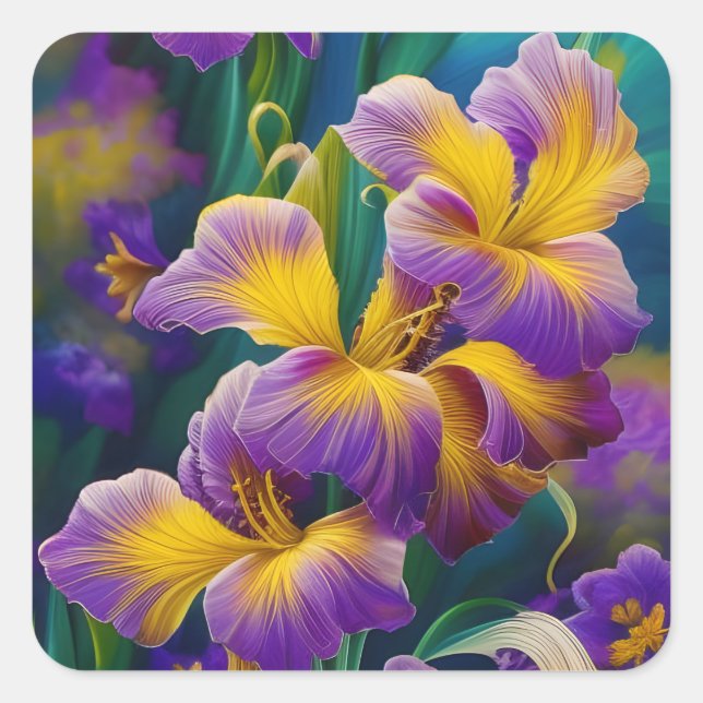 Iris Floral Purple and gold blue green leaves Square Sticker (Front)