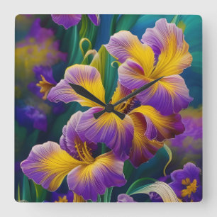 Iris Floral Purple and gold blue green leaves Square Wall Clock