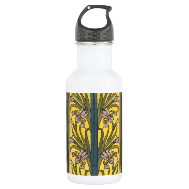Iris Flower Art Nouveau Stained Glass Blue Gold 532 Ml Water Bottle (Front)