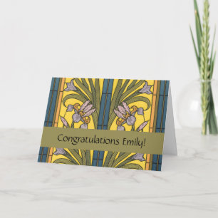 Iris Flower Art Nouveau Stained Glass Blue Gold Card