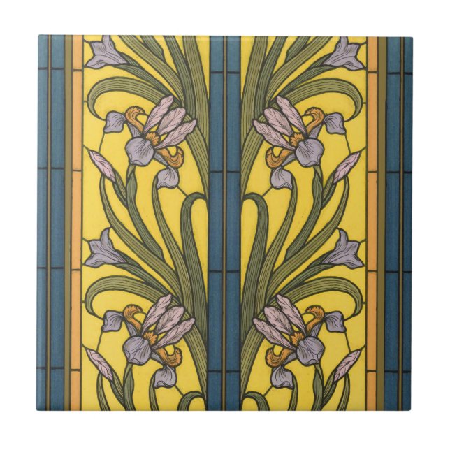 Iris Flower Art Nouveau Stained Glass Blue Gold Ceramic Tile (Front)