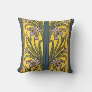 Iris Flower Art Nouveau Stained Glass Blue Gold Cushion