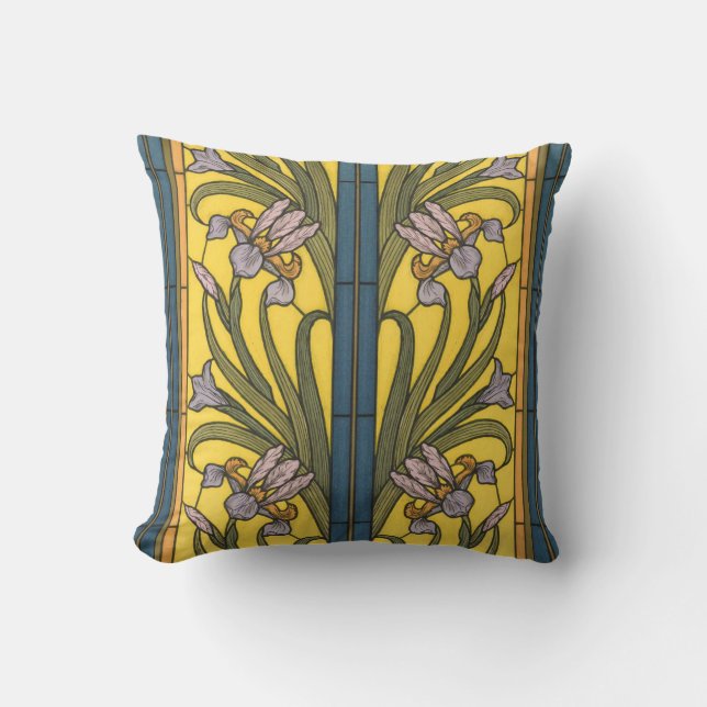 Iris Flower Art Nouveau Stained Glass Blue Gold Cushion (Front)