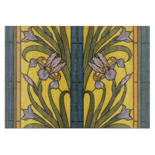 Iris Flower Art Nouveau Stained Glass Blue Gold Cutting Board