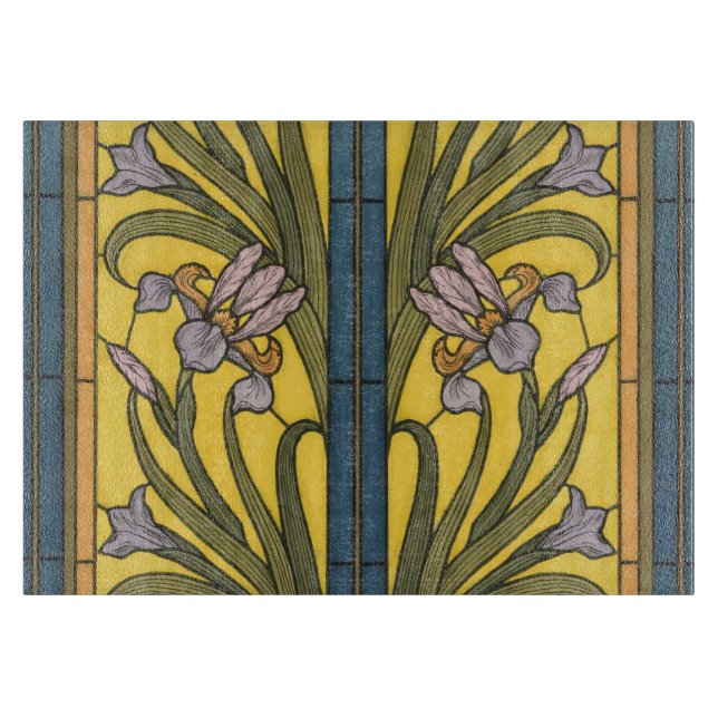 Iris Flower Art Nouveau Stained Glass Blue Gold Cutting Board (Front)