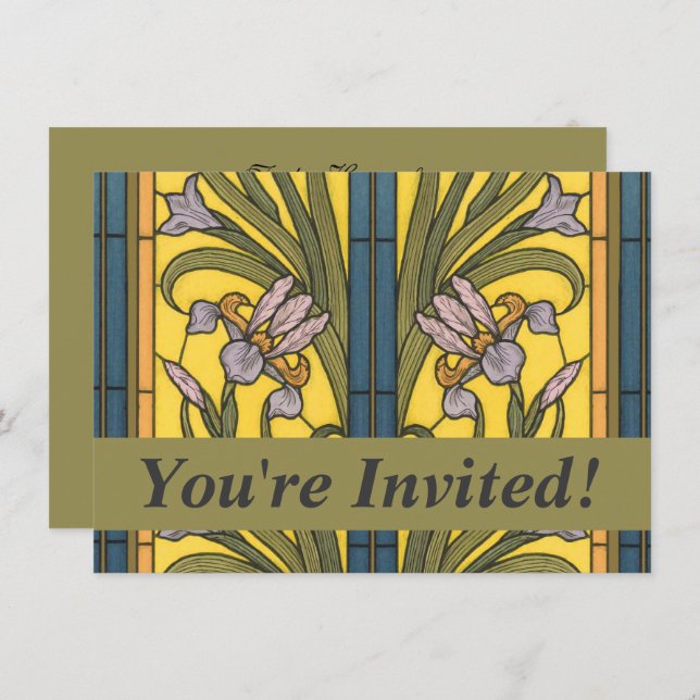Iris Flower Art Nouveau Stained Glass Blue Gold Invitation (Front/Back)