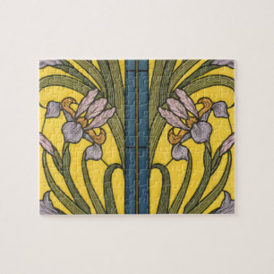 Iris Flower Art Nouveau Stained Glass Blue Gold Jigsaw Puzzle