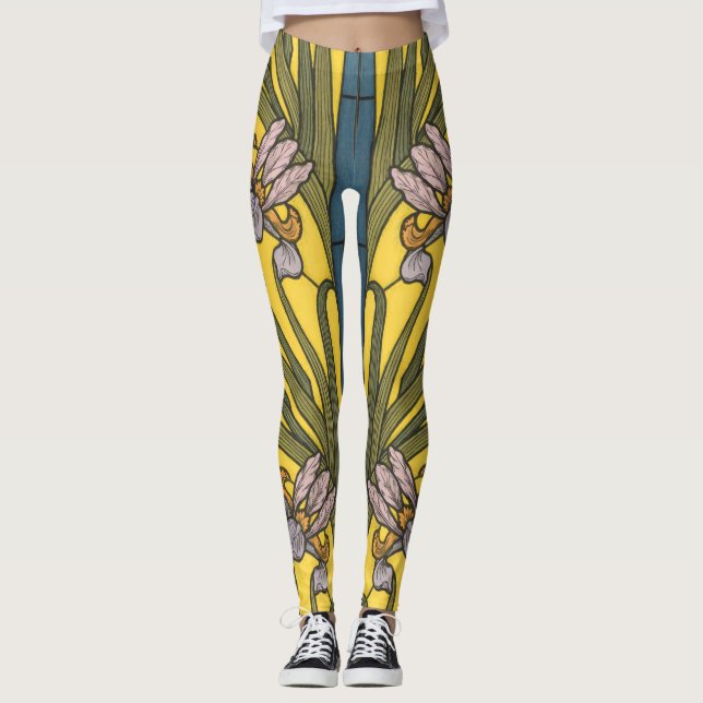 Iris Flower Art Nouveau Stained Glass Blue Gold Leggings (Front)