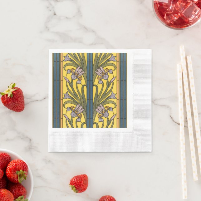 Iris Flower Art Nouveau Stained Glass Blue Gold Napkin (Insitu)