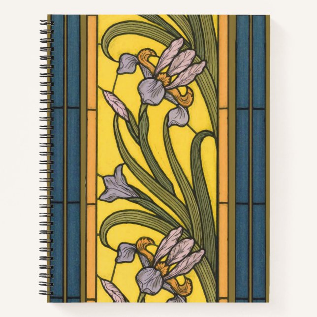 Iris Flower Art Nouveau Stained Glass Blue Gold Notebook (Front)