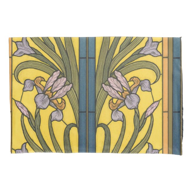Iris Flower Art Nouveau Stained Glass Blue Gold Pillowcase (Front)