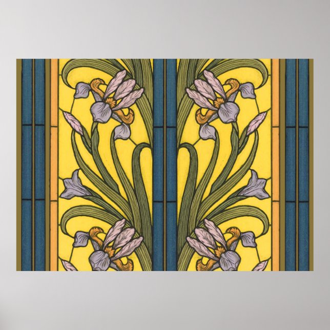 Iris Flower Art Nouveau Stained Glass Blue Gold Poster (Front)