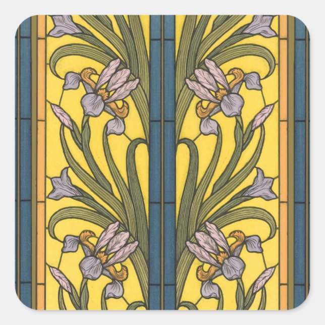Iris Flower Art Nouveau Stained Glass Blue Gold Square Sticker (Front)