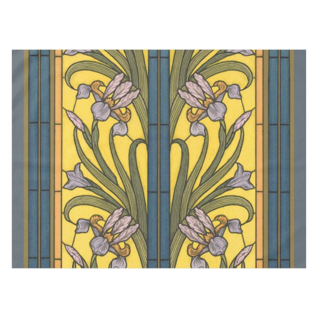 Iris Flower Art Nouveau Stained Glass Blue Gold Tablecloth (Front (Horizontal))