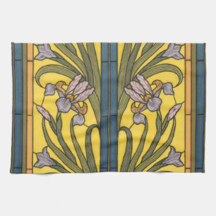 Iris Flower Art Nouveau Stained Glass Blue Gold Tea Towel